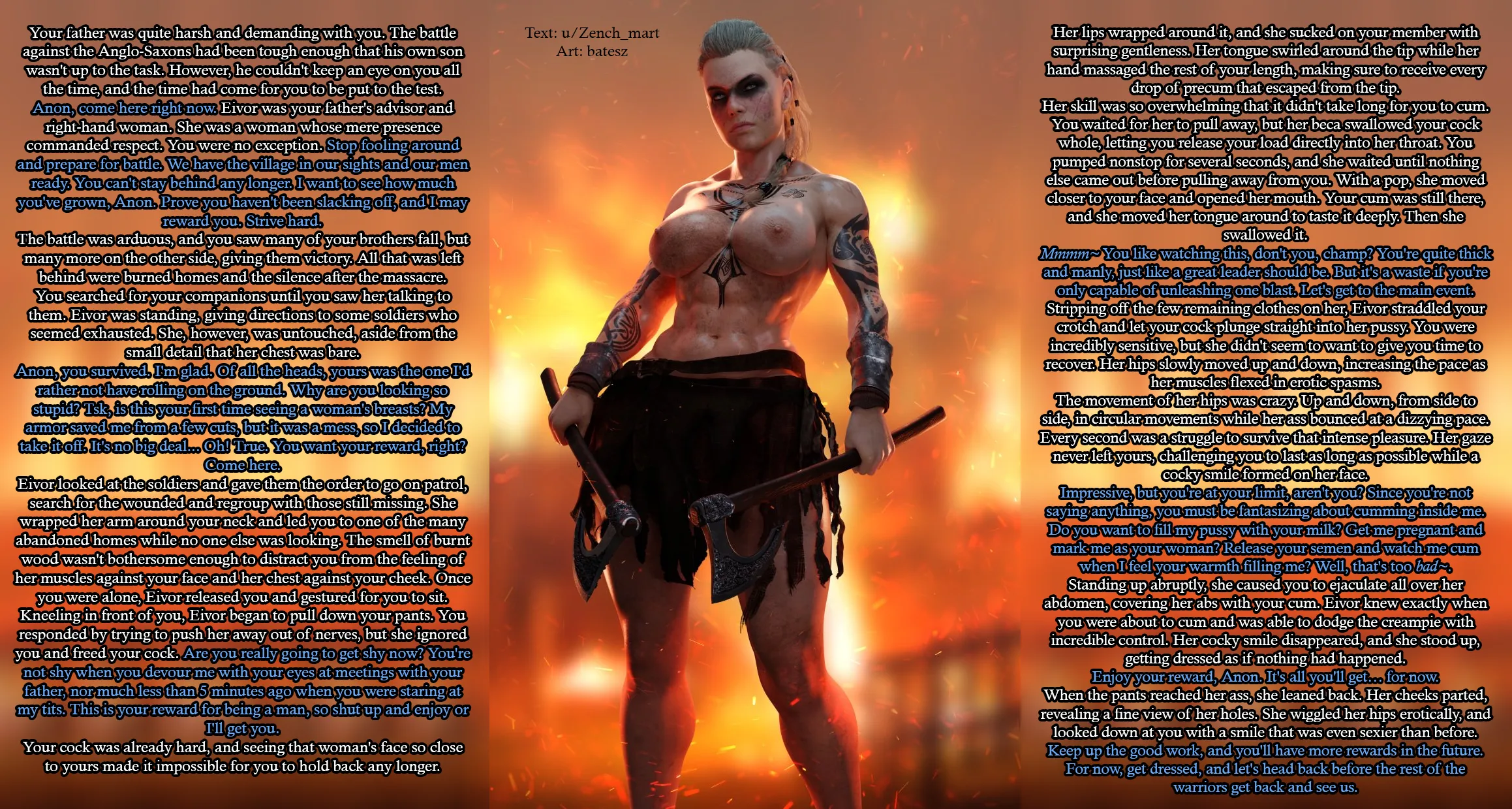 After a successful raid, she will give you a reward. [Muscular woman] [Male POV] [Femdom] [Teasing] [Casual sex] | Art: batesz