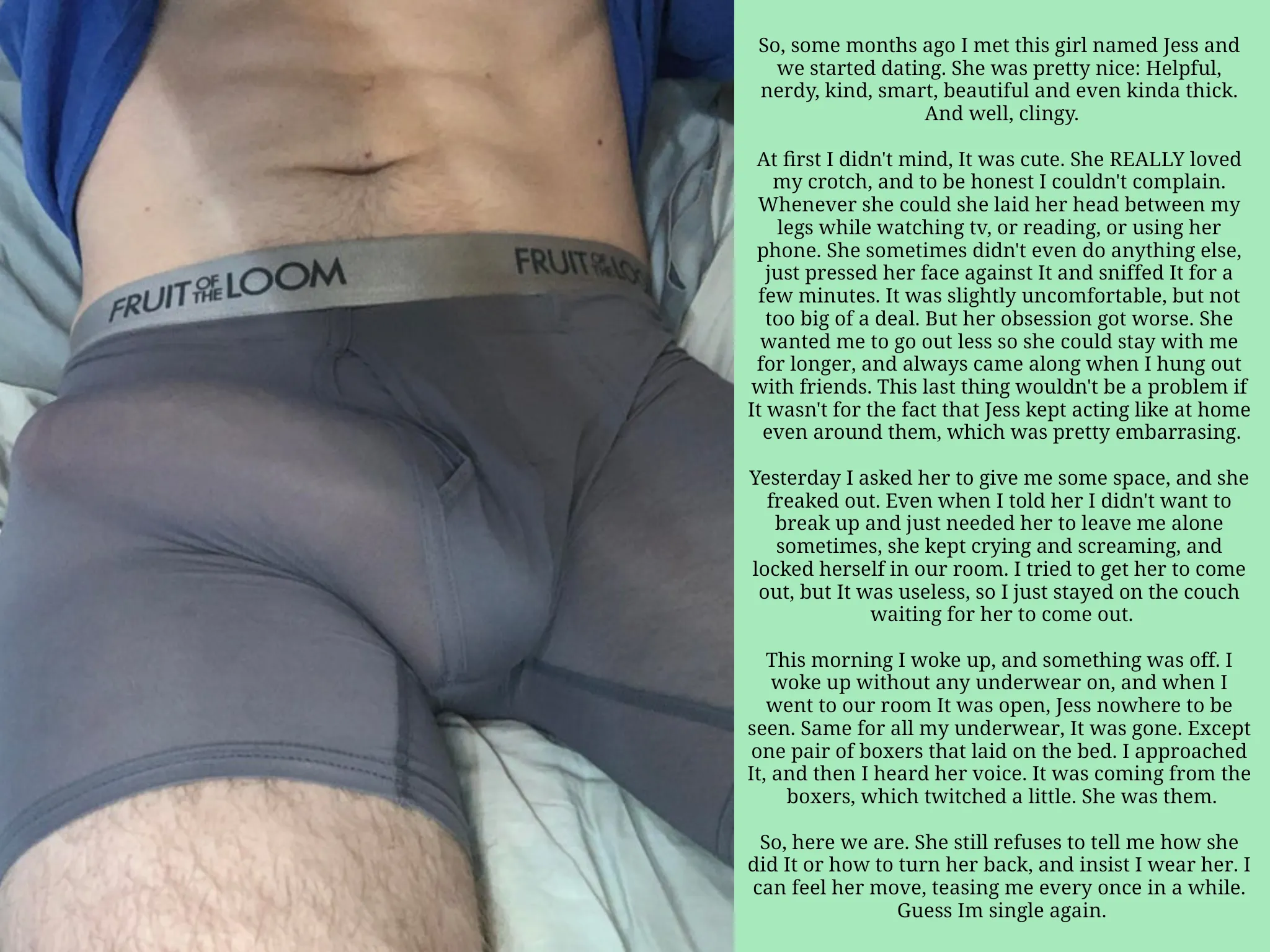 I knew my girlfriend was clingy, but I didn't expect her to go this far...(Caption/Clothing TF)