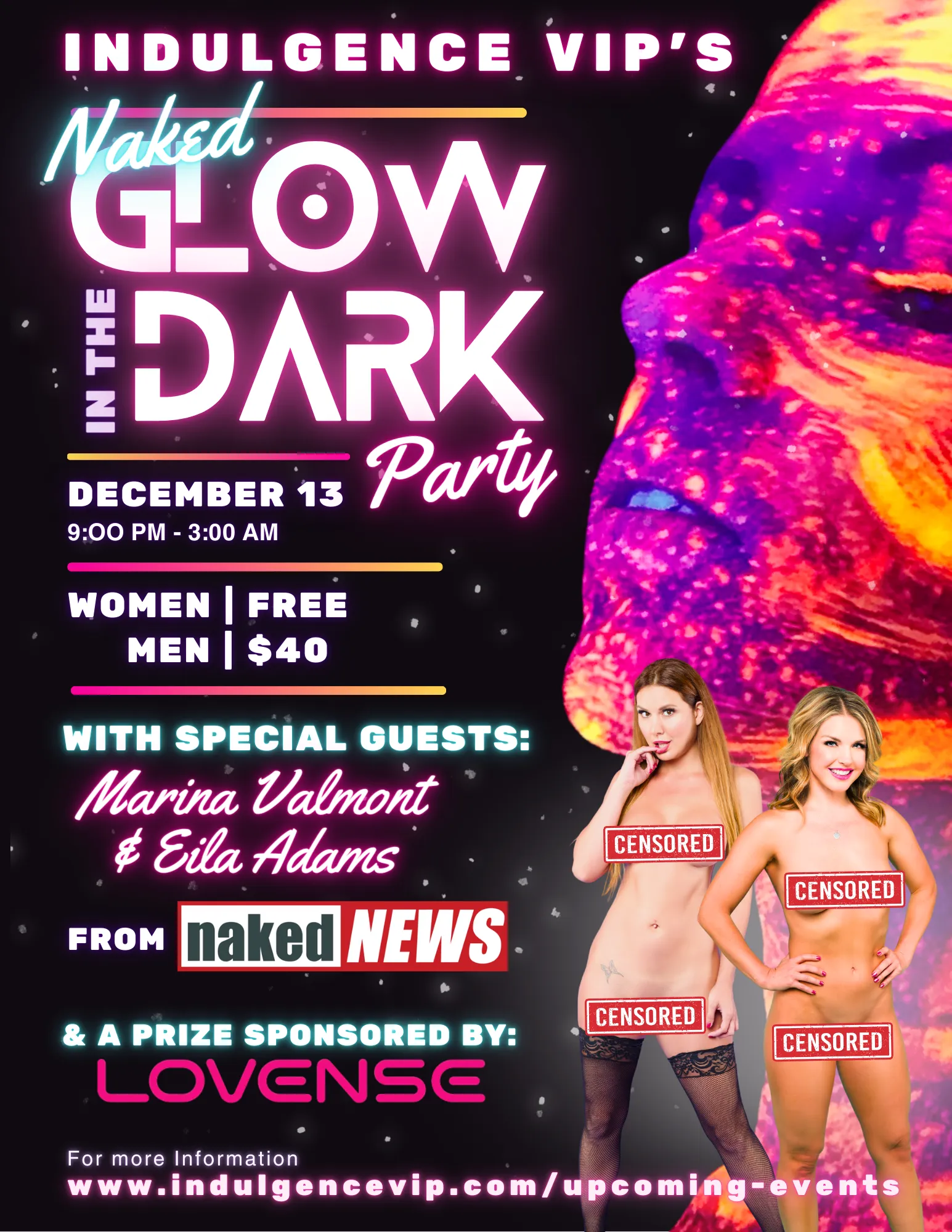 Join Marina Valmont & Eila Adams for an unforgettable night of glow in the dark pleasure with Indulgence Vip!