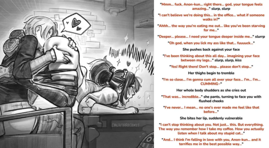 Devouring my coworker until she confessed her feelings [Office] [Colleague] [Cunnilingus] [Rimming] [Wholesome] Art by: @CalamariCakes