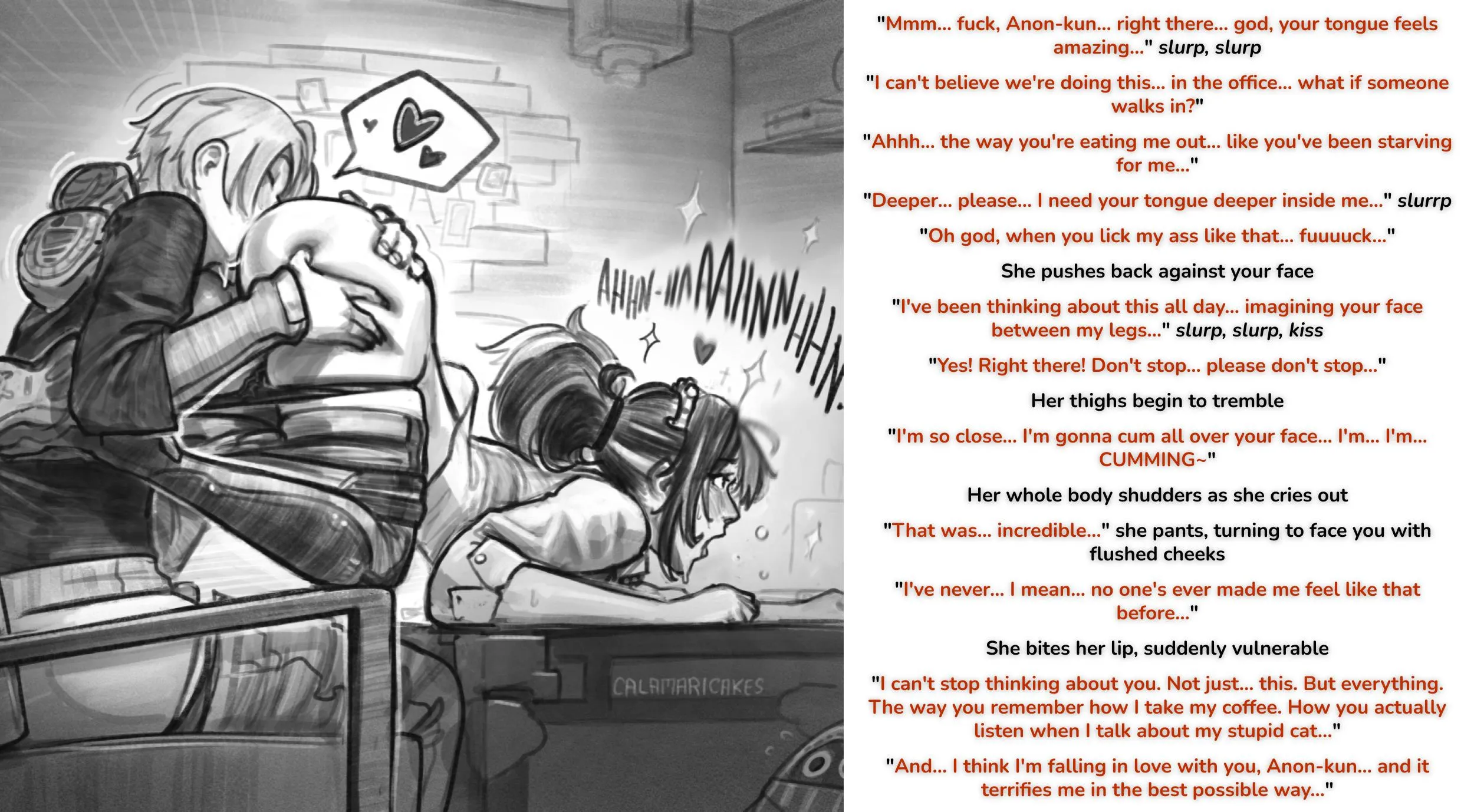 Devouring my coworker until she confessed her feelings [Office] [Colleague] [Cunnilingus] [Rimming] [Wholesome] Art by: @CalamariCakes
