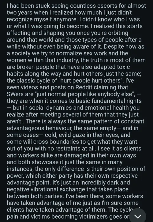 Guys did you know we are all broken people and preying on poor, innocent men who have no choice but to book, fuck and review us? It's an addiction dammit!