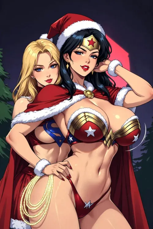 Wonder Woman and Supergirl celebrating Christmas