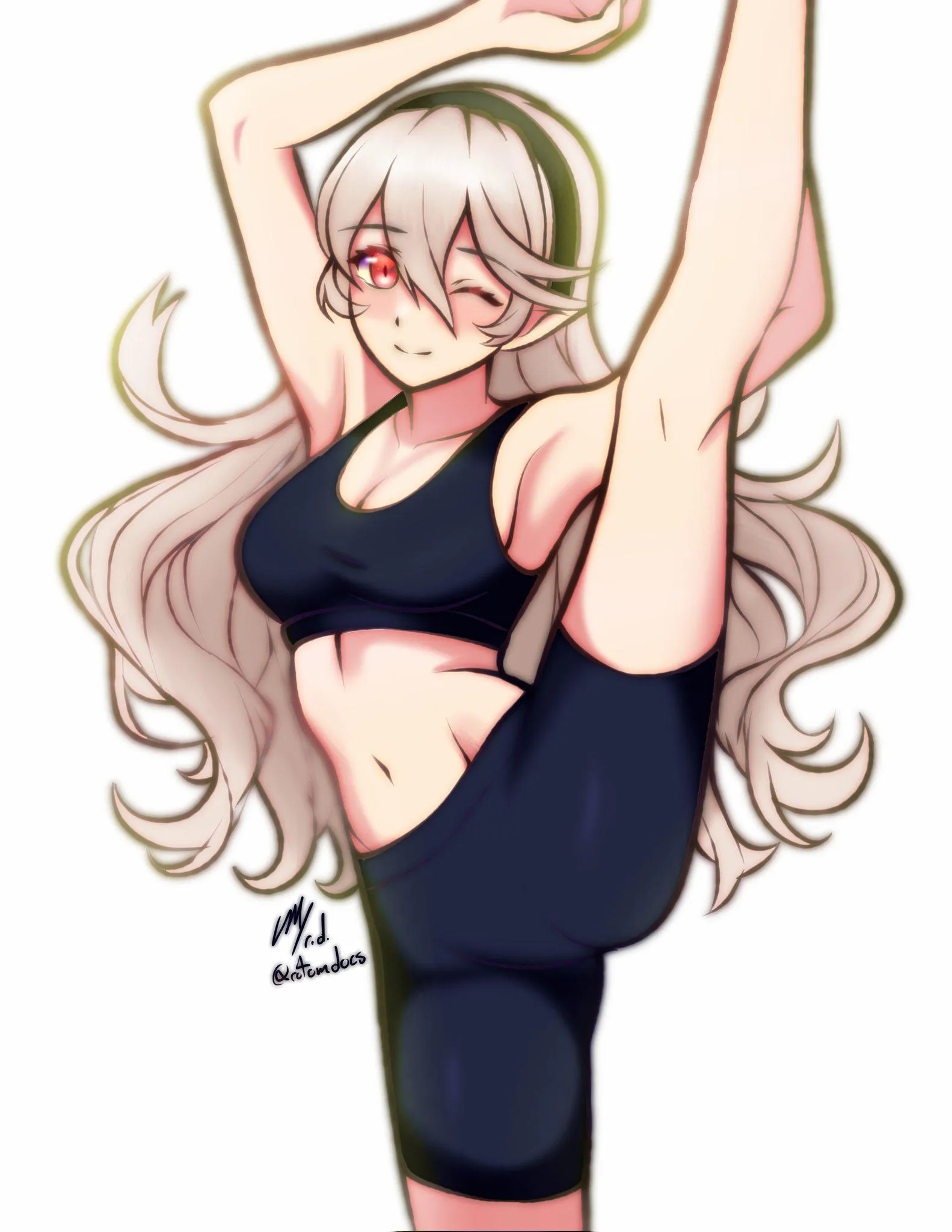 Female Corrin in sportswear, demonstrating her flexibility [RotomDocs]