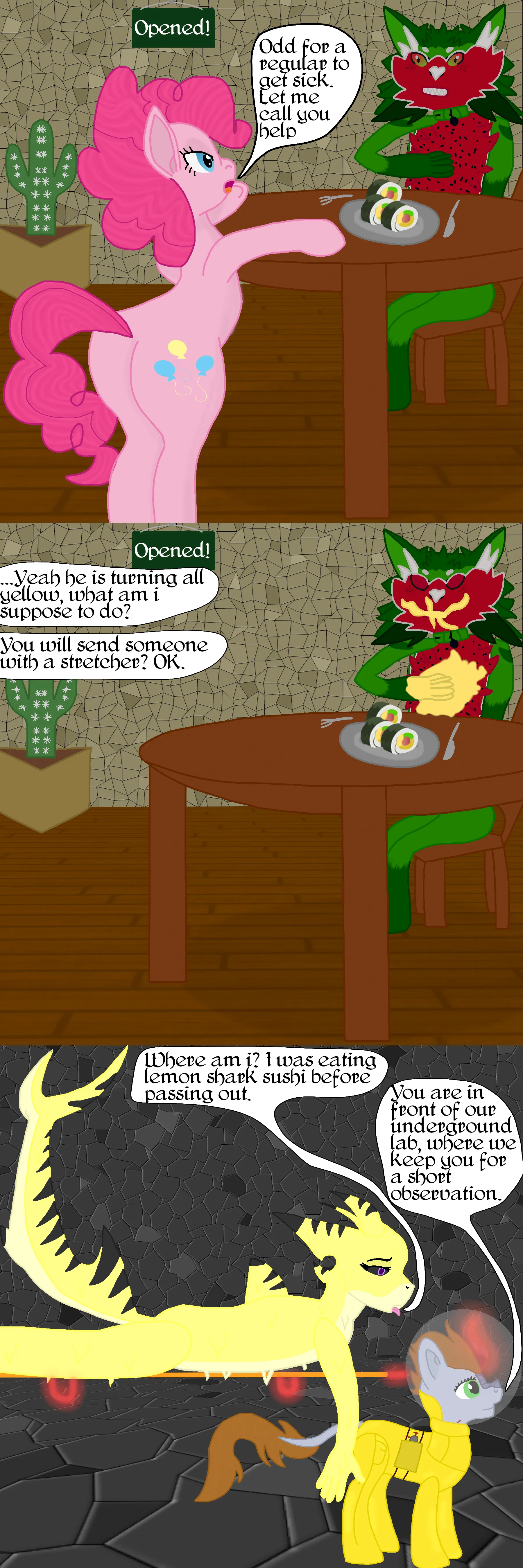 Following up to Pinkie pie opening her restaurant. She managed to get a few regular, however one of them hed an alien reaction to lemon shark sushi. (OC)