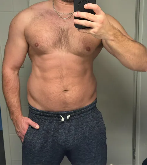 Hairy chest and dark joggers after a gym session. Thoughts on the fit?