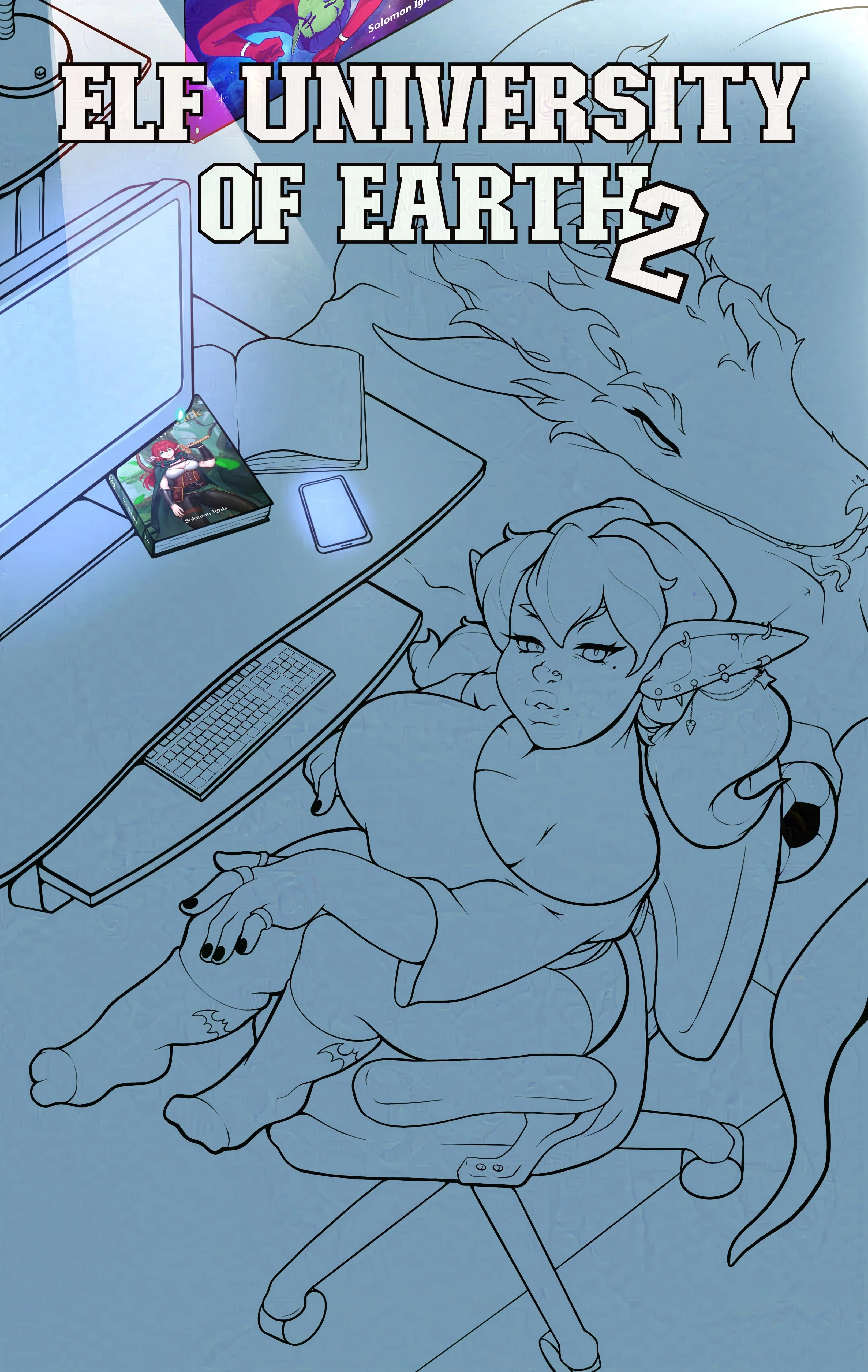 After scrapping the original draft 2/3 in, I've almost finished Elf University of Earth 2! Check out the cover's lineart!