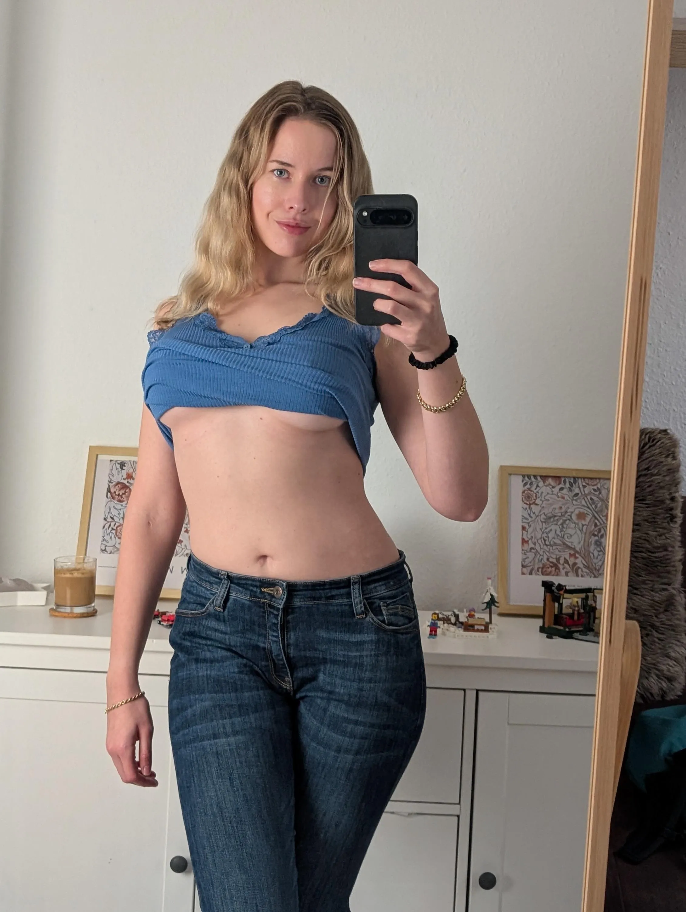 Blue jeans, blue shirt