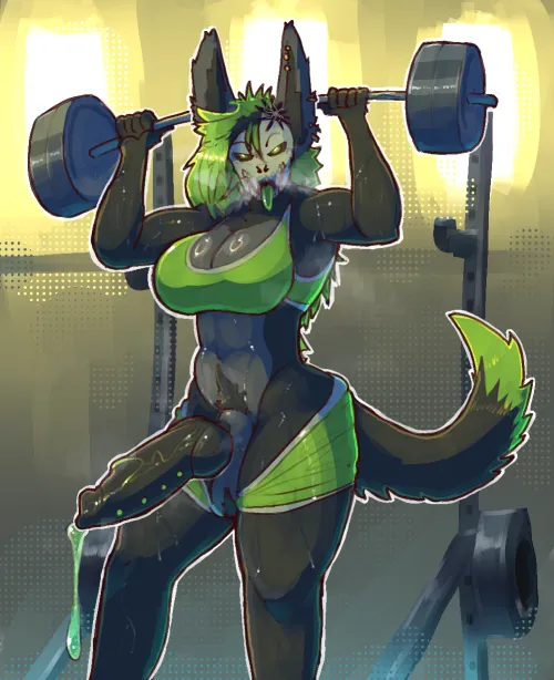 Skulldog lifting weights while something else lifts up too~ (akiradrawslewds)