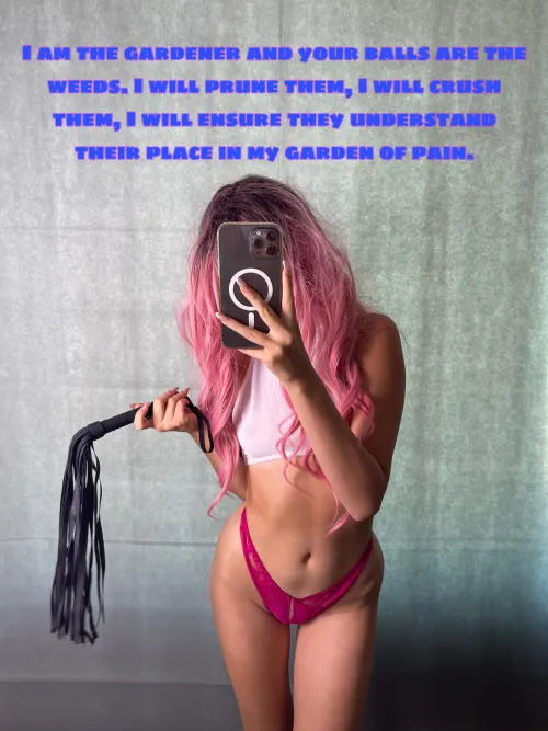 I will crush your balls today! Welcome in my garden of pain! [ImageFap: princessdollmie]