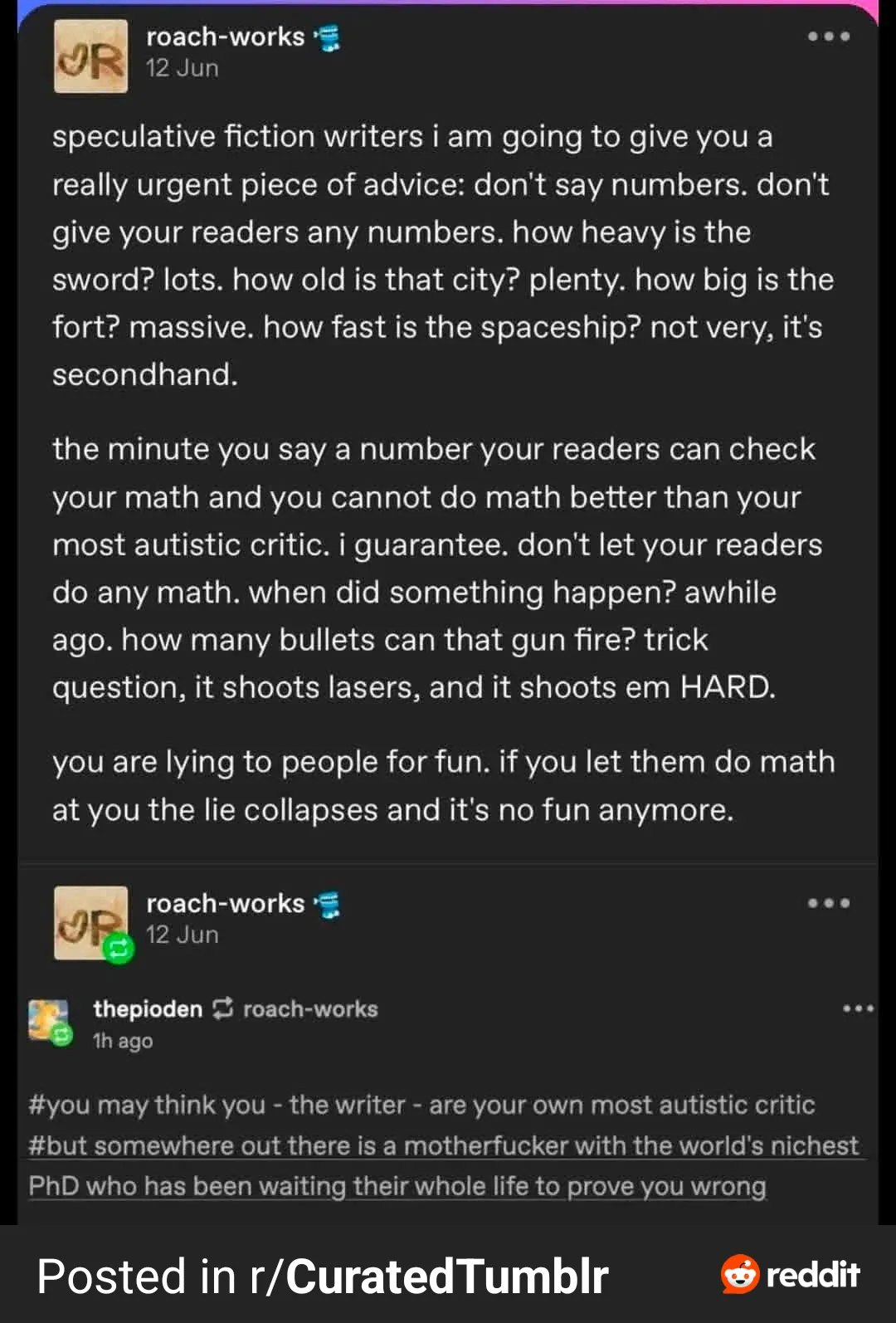 As everyone knows, even the most miniscule and irrelevant divergence from absolute 100% incorrigible verisimilitude will render even the most well-written spec fic completely unreadable.