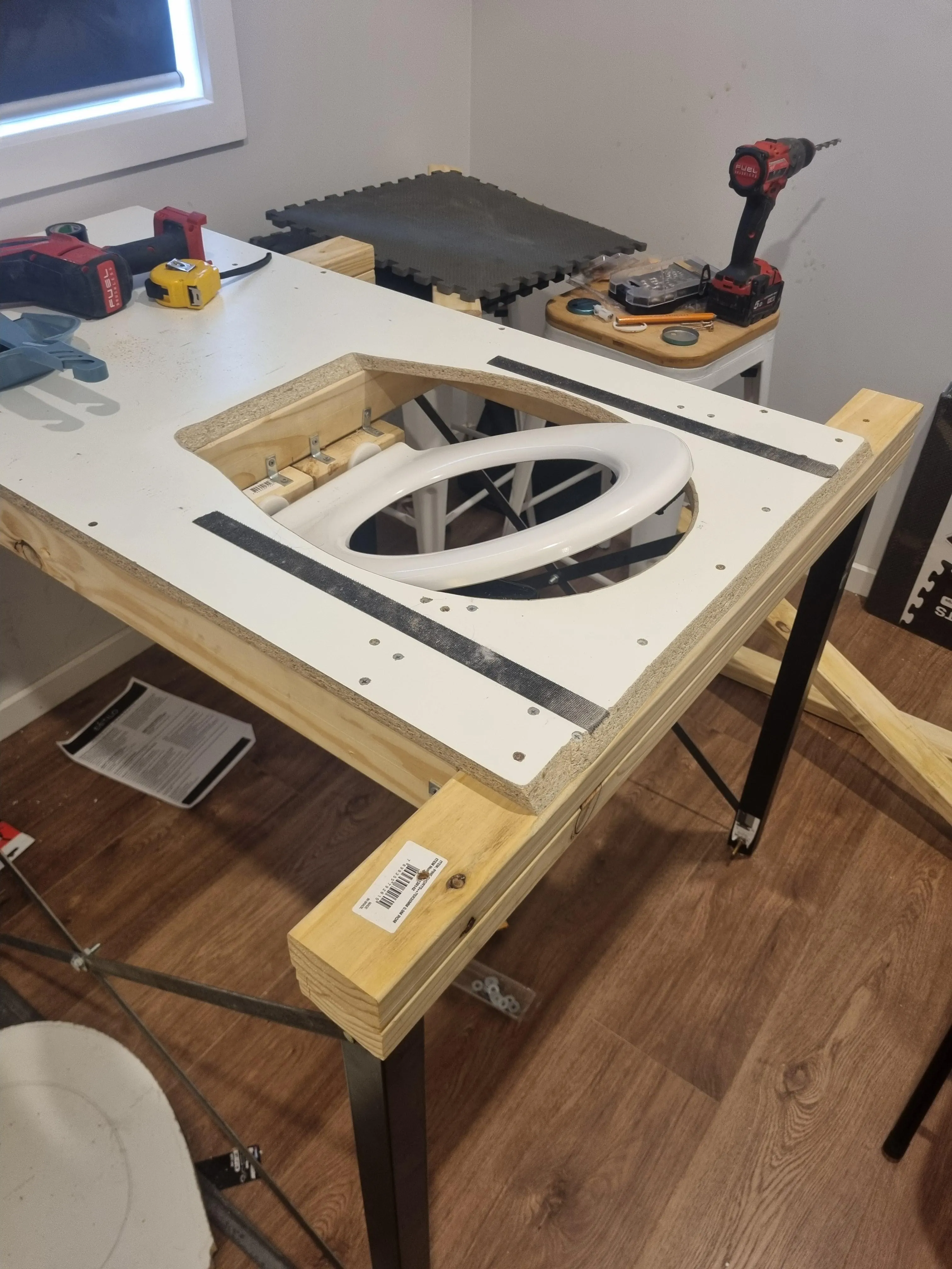 UPDATE: Making my own scat-play, toilet table setup for my wife and I. Seat is in and solid!
