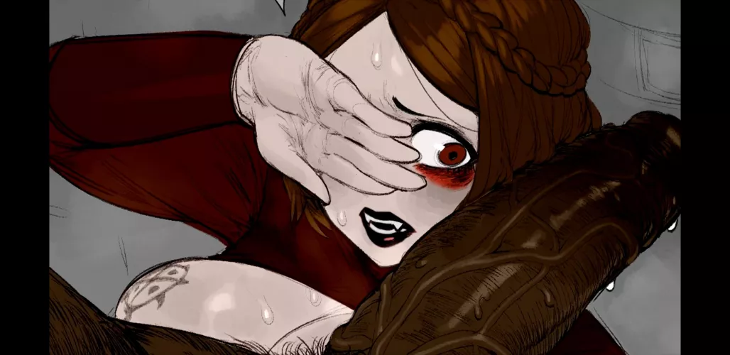 LF Color Source: covering eyes, dark skin male, red eyes, brown hair, tattoo, black lips, red clothes, big breasts, big penis, text bubble(?)