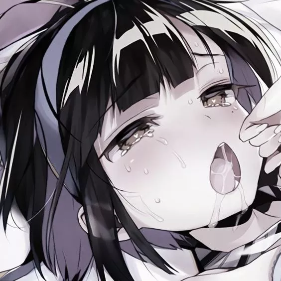 LF Color Source: 1girl, black-purple hair, blue hairband, short hair, heart-shaped pupils, underwear, open mouth, hand on face, lying