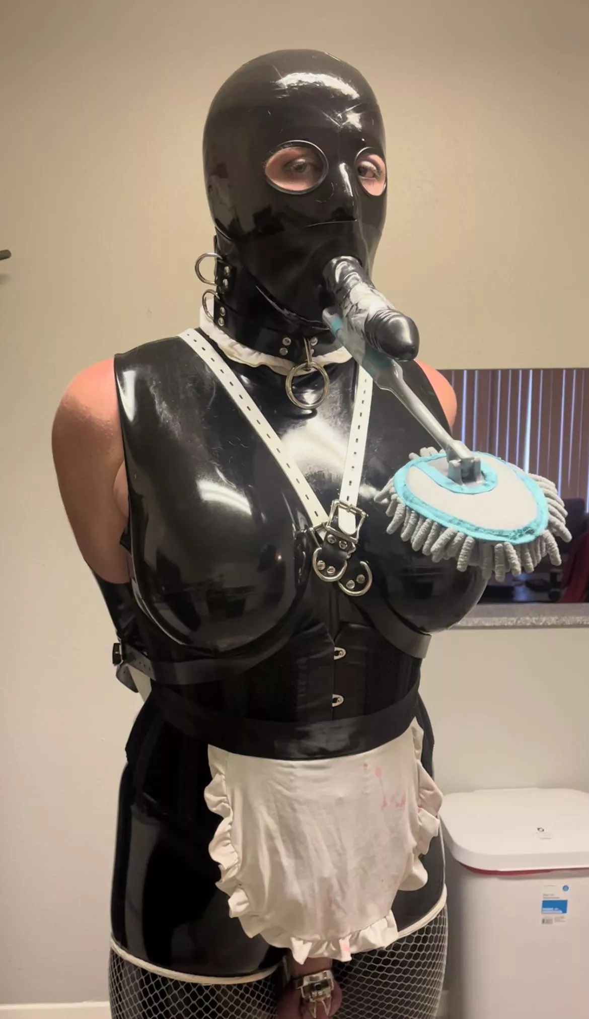 Armbinder, and a makeshift duster gag 🥰 Doll is getting put to use in every way! (OC)