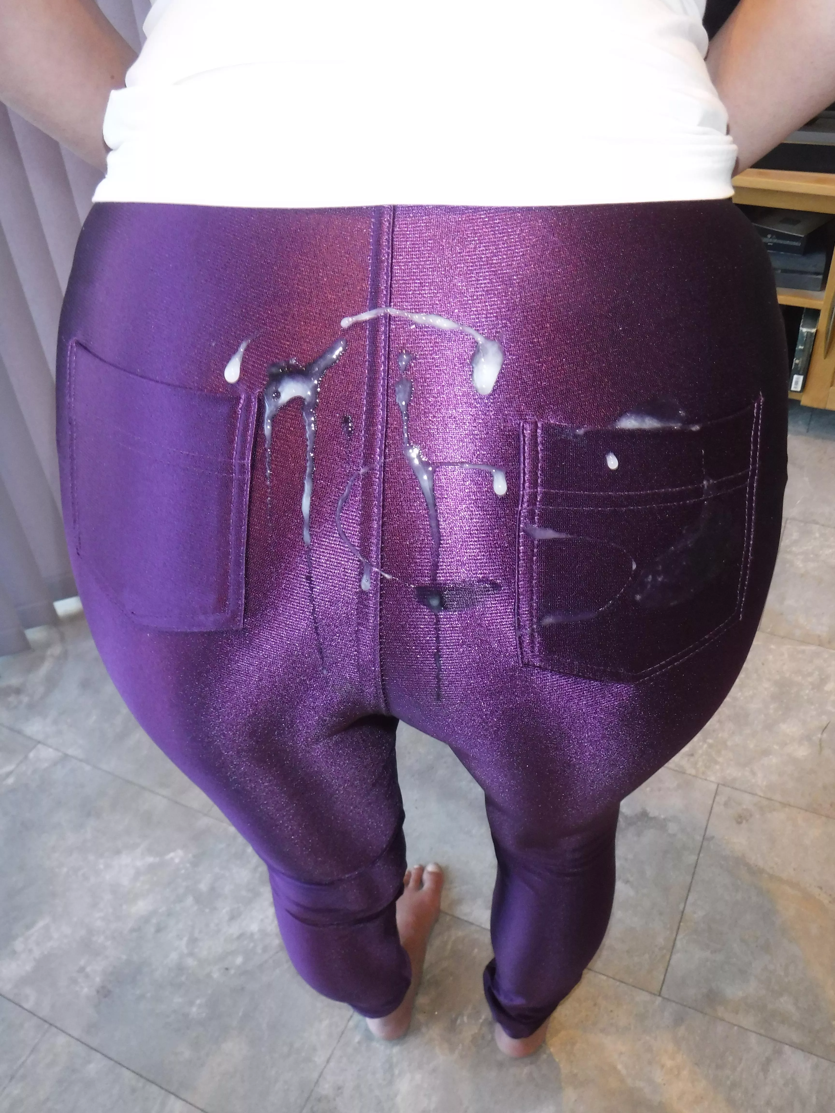 Shiny purple disco pants - most of the cum slide right off! Shiny purple disco pants - most of the cum slide right off!