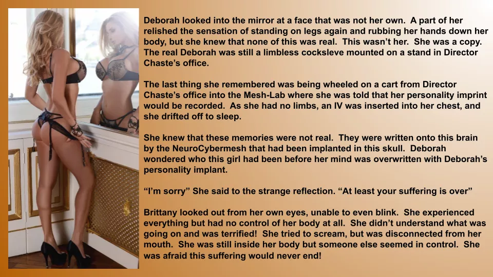 Personality prints! Now your Mesh-Puppet can be overwritten with a variety of our stored Personality Imprints! Make one of our favorite slaves, your slave today! (Story Inside)