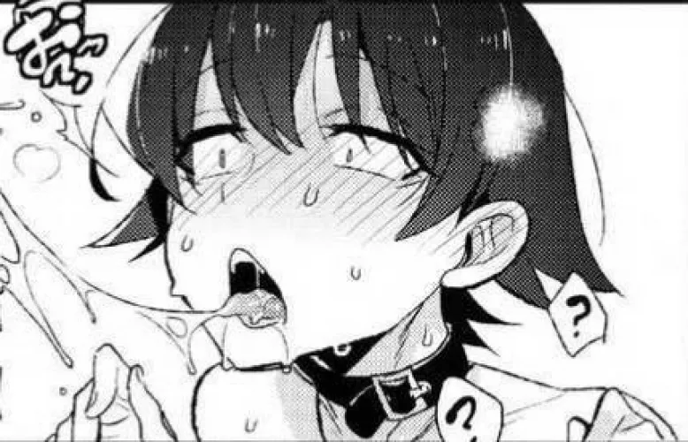 LF Mono Source: foreign text, 1boy, short hair, blushing, tongue out, collar, saliva