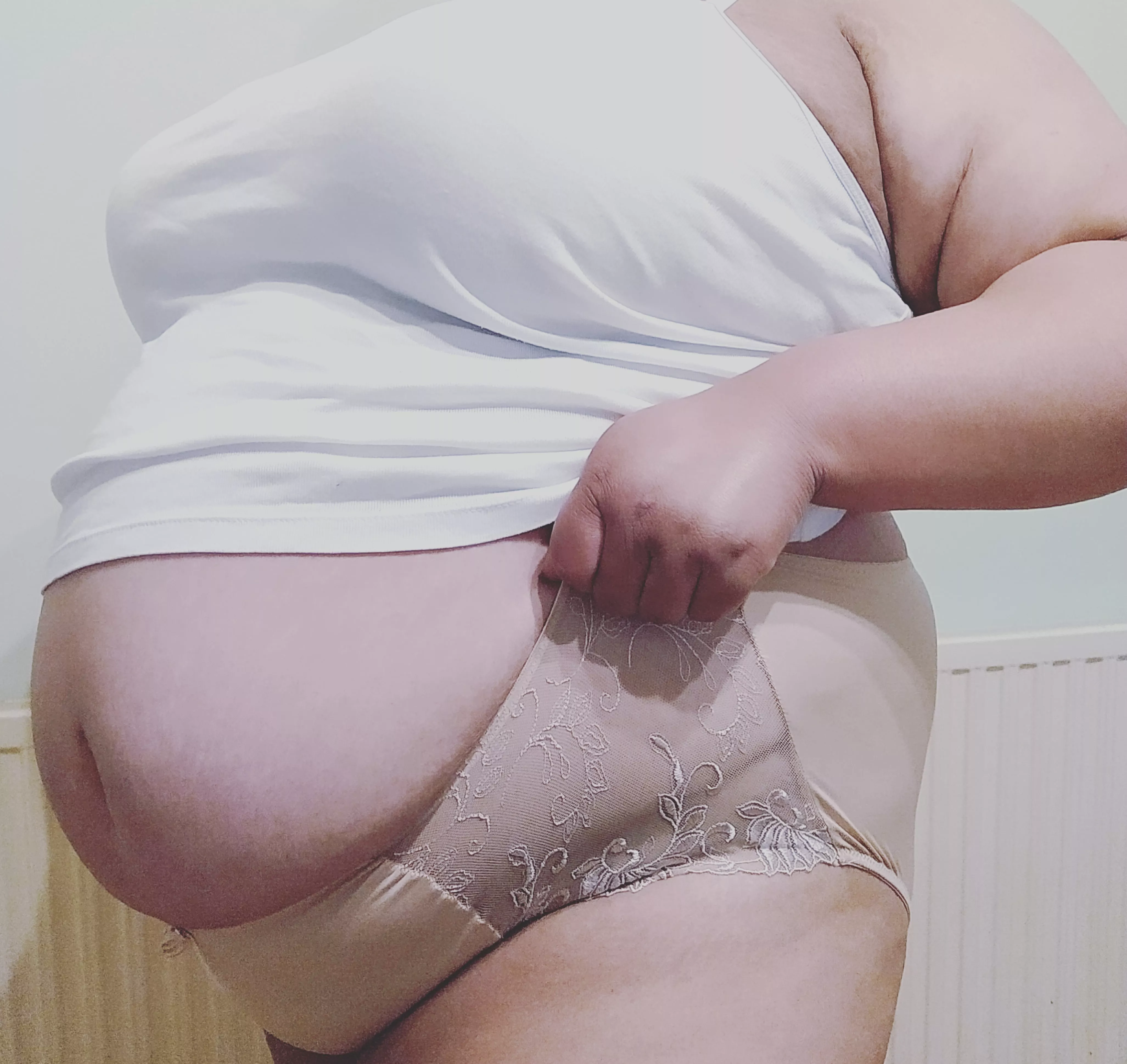 Forever trying to stuff my belly into cute lacy knickers
