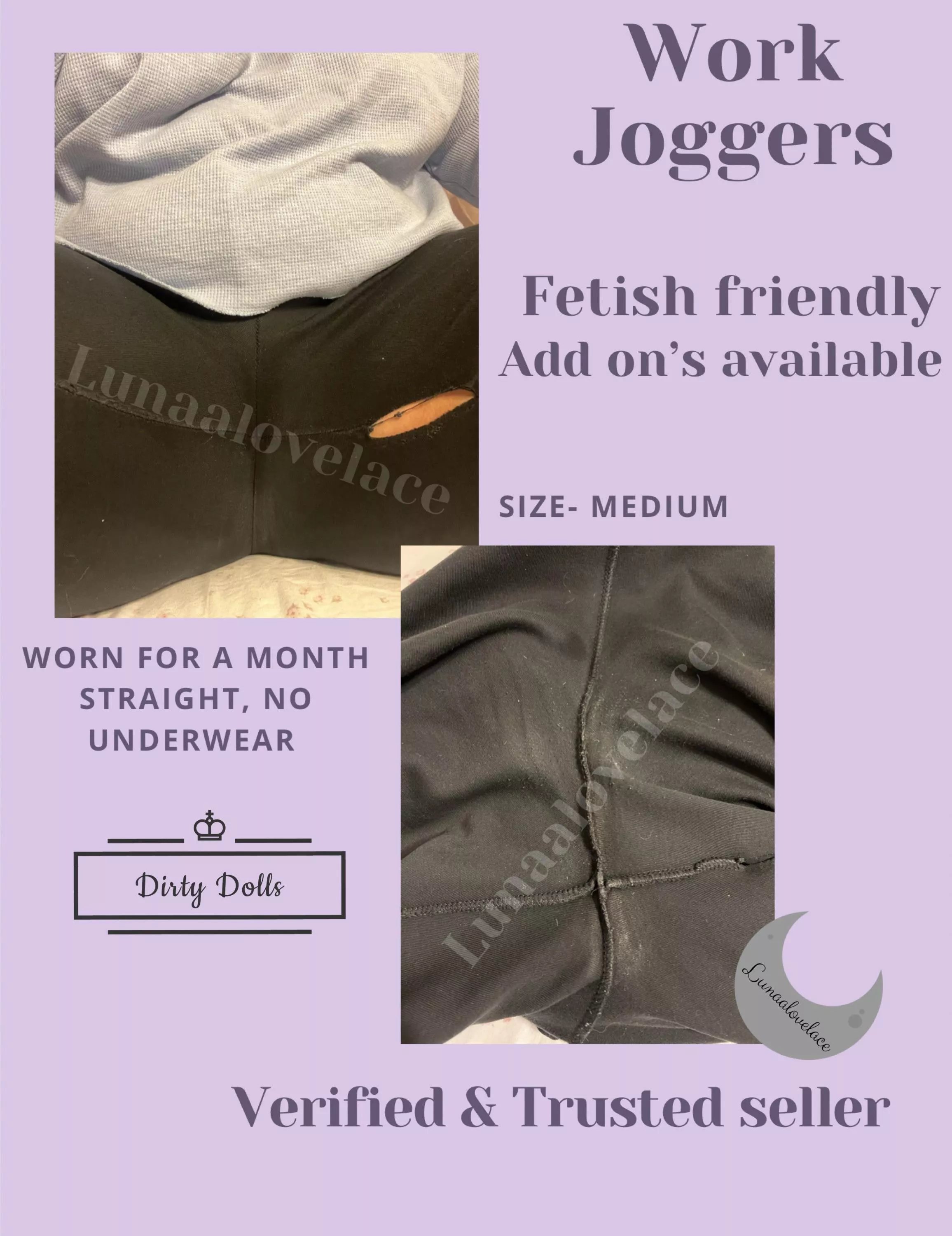 Want my dirty work joggers? They’ve been worn a month straight to work with no panties underneath! Get them while they’re still wet! [SELLING][US][OTH]