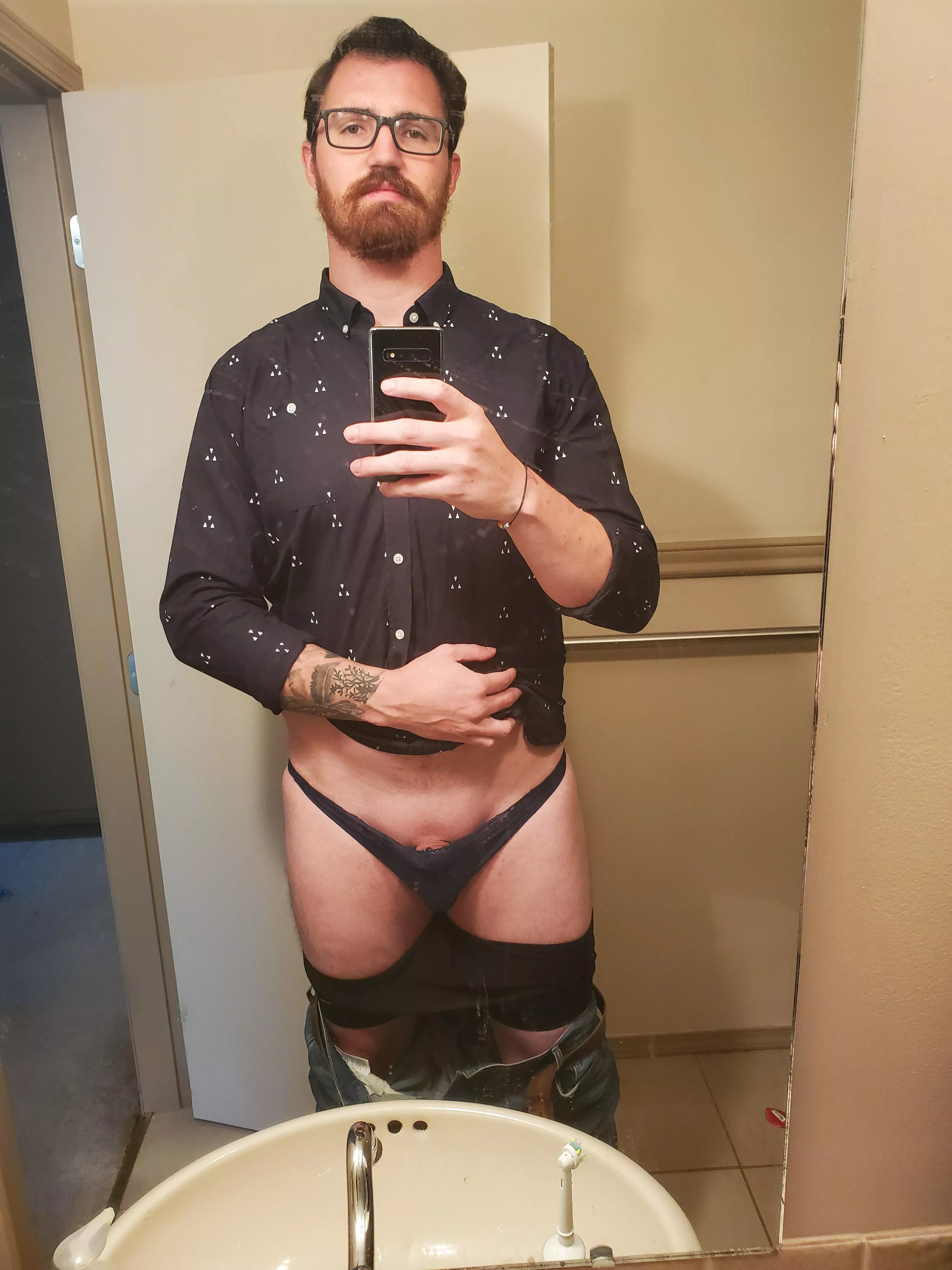 Caged ✅️ Plugged ✅️ Pretty thong ✅️ Now to go to work