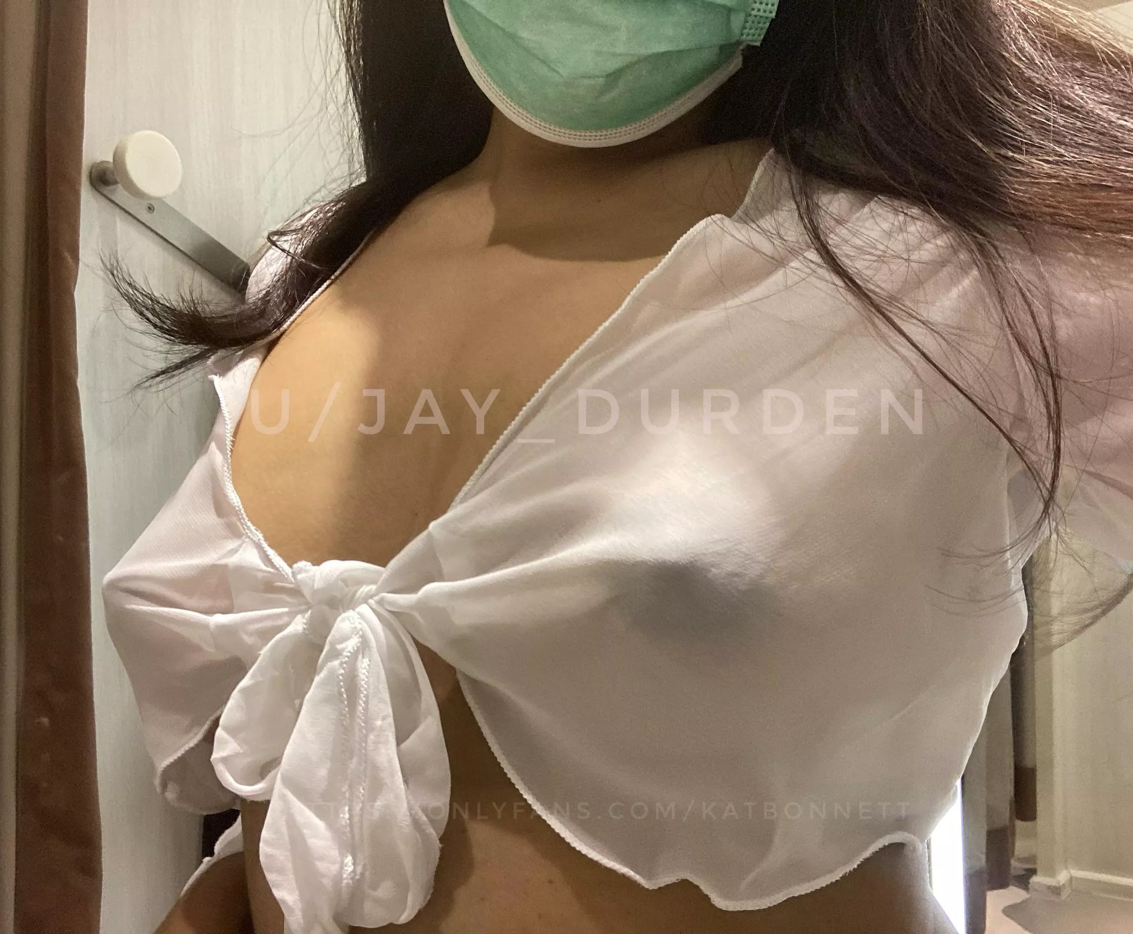 I can’t seem to hide my nips under this white seethru tiny top..