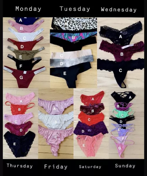 Cast your vote and help me pick my panties I’ll wear each day next week. One vote per day! Example: A, B, B, D, C, D, E