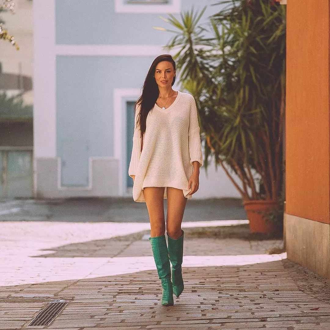 White Sweater; Green Boots White Sweater; Green Boots