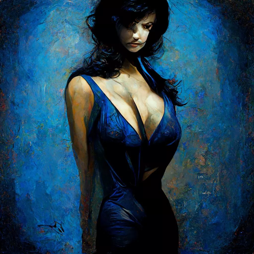 Denise Milani in a blue dress by Midjourney AI