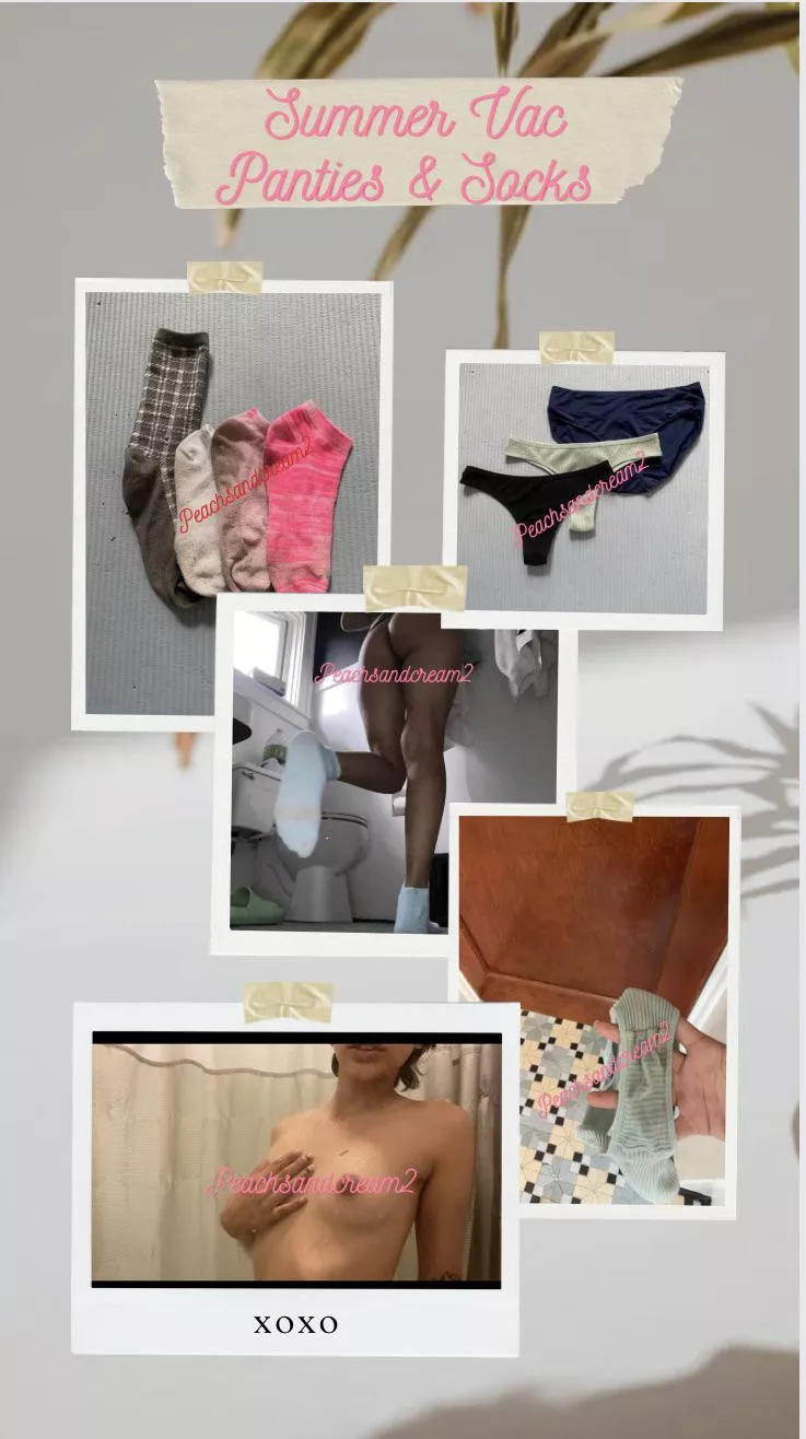 Cum join me on my summer vacation 🥰. Starting at $40 panties, Socks:$25, Hotel bathroom Pics: $35, Side Road Changing Video: $45. All shipping items include 5 pics, free shipping, Thank you post card, and story behind the panties. 🥰🥰. Pls be rea