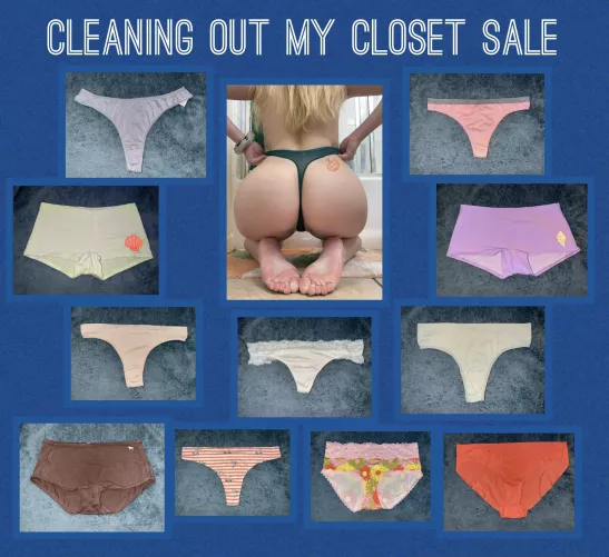 ❕CLEANING OUT MY CLOSET SALE❕ all my current panties are $10 OFF ❕ i’ve shown these panties lots of love over the past few years & i know you’ll love them too 💙 worn 24hrs or more + orgasms 💦 fetish friendly 🤍 [US] shipping/trackin