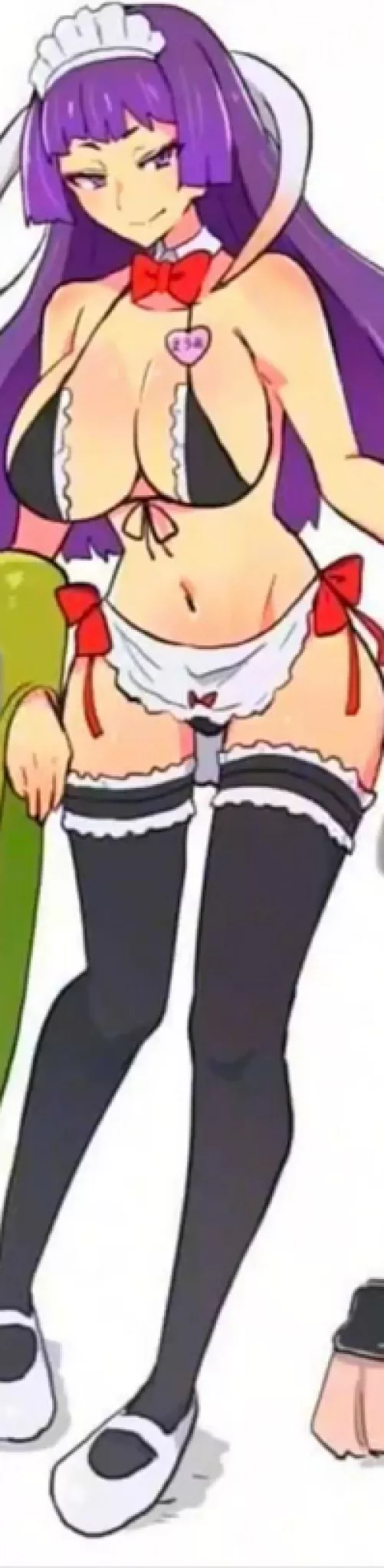 Color 1girl, black bikini, black panties, detached collar, frilled bikini, frilled thighhighs, frills, front-tie bikini, green blanket, groin, holding broom, large breasts, looking at viewer, maid, maid headdress, navel, purple eyes, purple hair, red bow