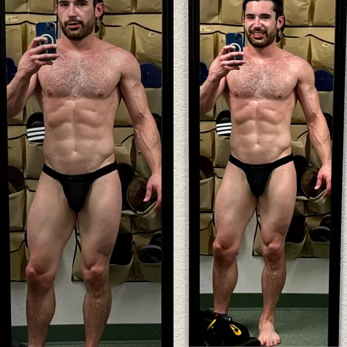 In a martial arts studio “locker” room (changing room) after practice