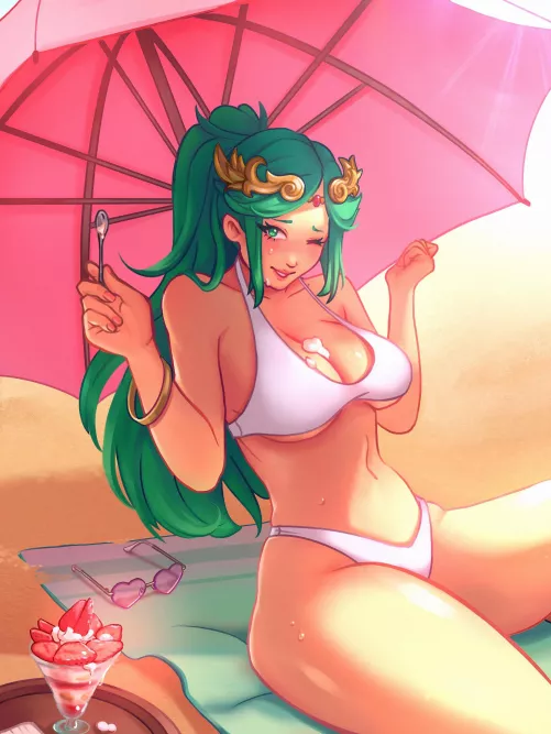 Palutena enjoying a treat on the beach (self credit: Chiffondraws)