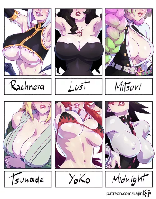 Rachnera, Lust, Mitsuri, Tsunade, Yoko And Midnight’s Big Tits (Kajinman) [Monster Musume, Fullmetal Alchemist, Demon Slayer, Naruto, Gurren Lagann, My Hero Academia]