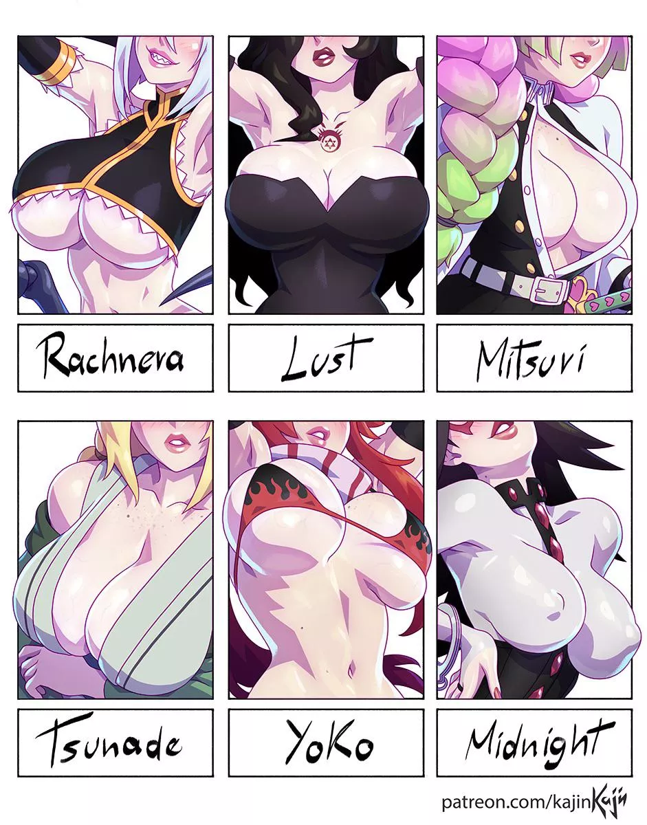 Rachnera, Lust, Mitsuri, Tsunade, Yoko And Midnight’s Big Tits (Kajinman) [Monster Musume, Fullmetal Alchemist, Demon Slayer, Naruto, Gurren Lagann, My Hero Academia]