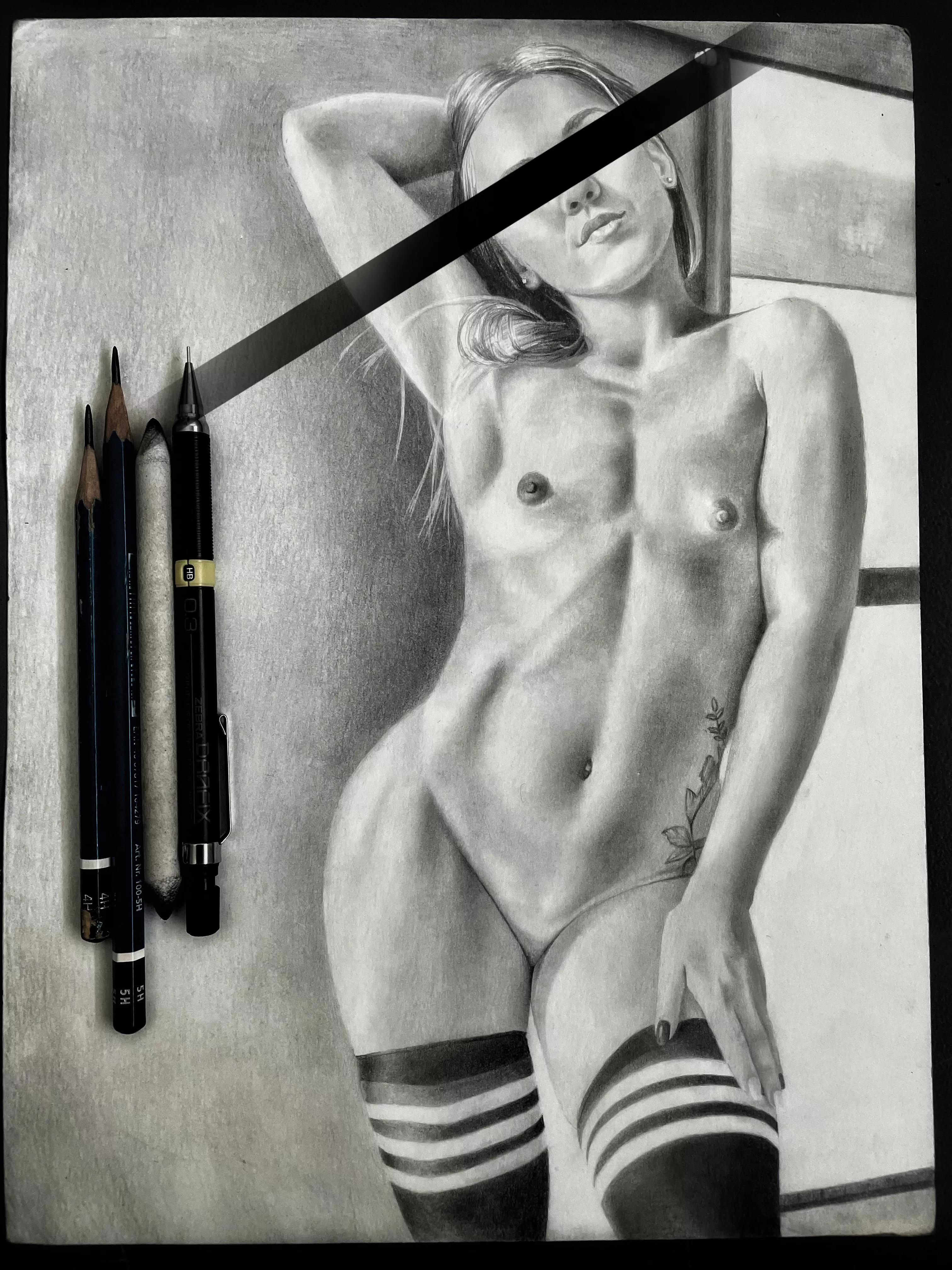 The model asked me to censor for here but I wanted to show this piece I just finished! Thanks for looking! 9” x 12” graphite on Bristol board
