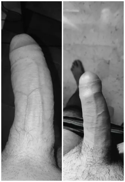 A real man and a little boy comparing