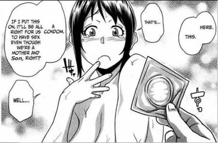 LF mono source: “IF I PUT THIS ON ITLL BE ALRIGHT FOR US TO HAVE SEX EVEN THOUGH WE’RE A MOTHER AND Son, RIGHT”, tits, naked, black hair, condom, blush, incest,