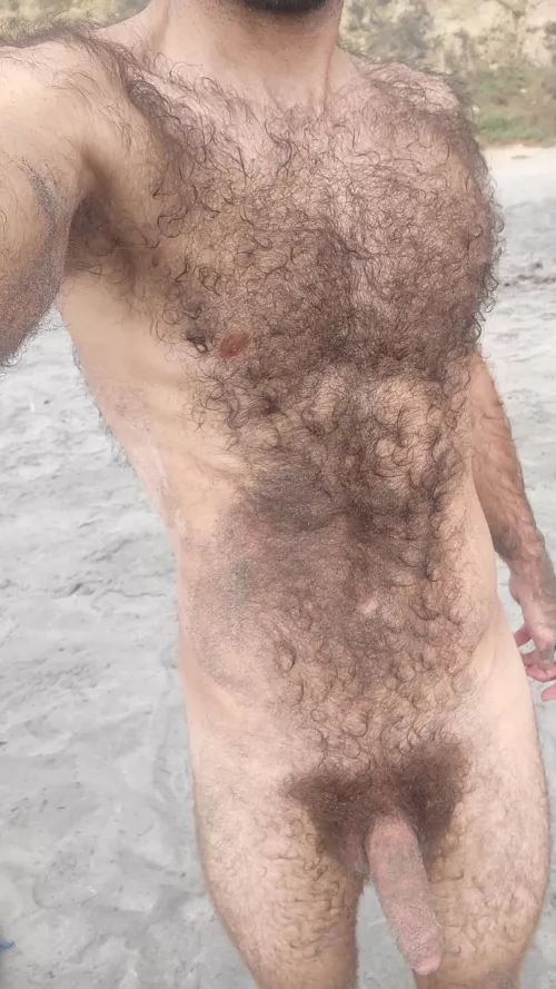 sandy nude in public hairy cock and abs.