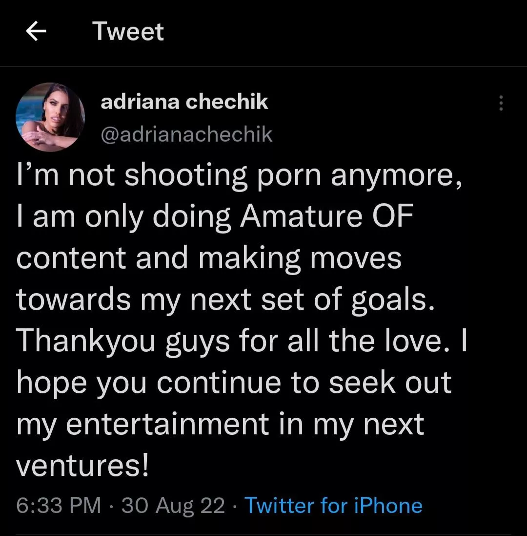 Adriana has officially retired from mainstream. Hell of a run. Thank You Adriana! Adriana has officially retired from mainstream. Hell of a run. Thank You Adriana!