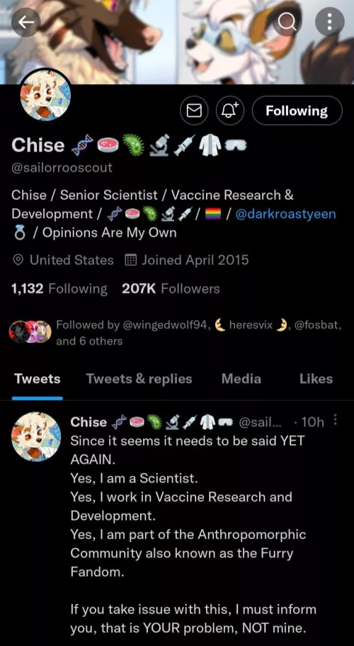 Chise, aka @sailorrooscout on twitter is an awesome account ran by a loud and proud anthro scientist who helped delevop the Covid-19 vaccine! Throw them a follow!