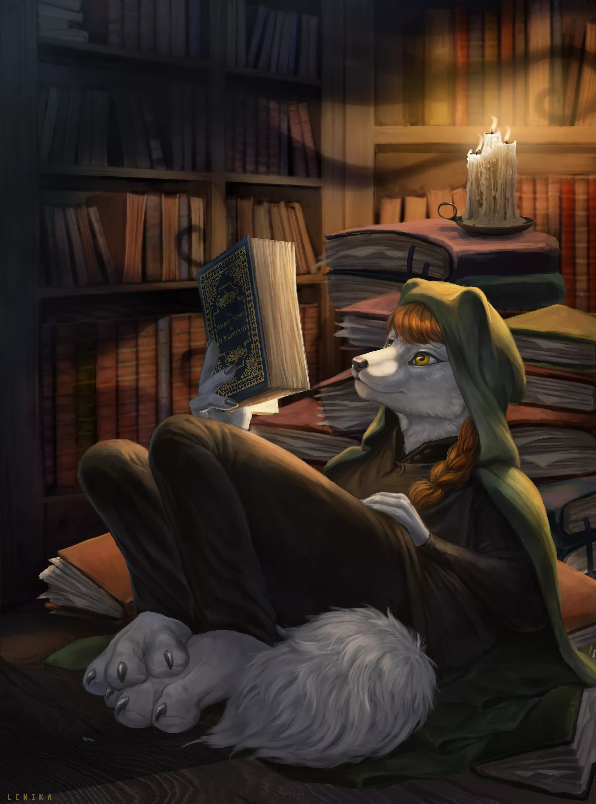 Elise reading some H.P. Lovecraft, but the darkness doesn't exist only within the stories. (OC EliseRococo) Art by me (Lenika on FA, @Lenika86 on Twi, @lenika_86 on Instgm)