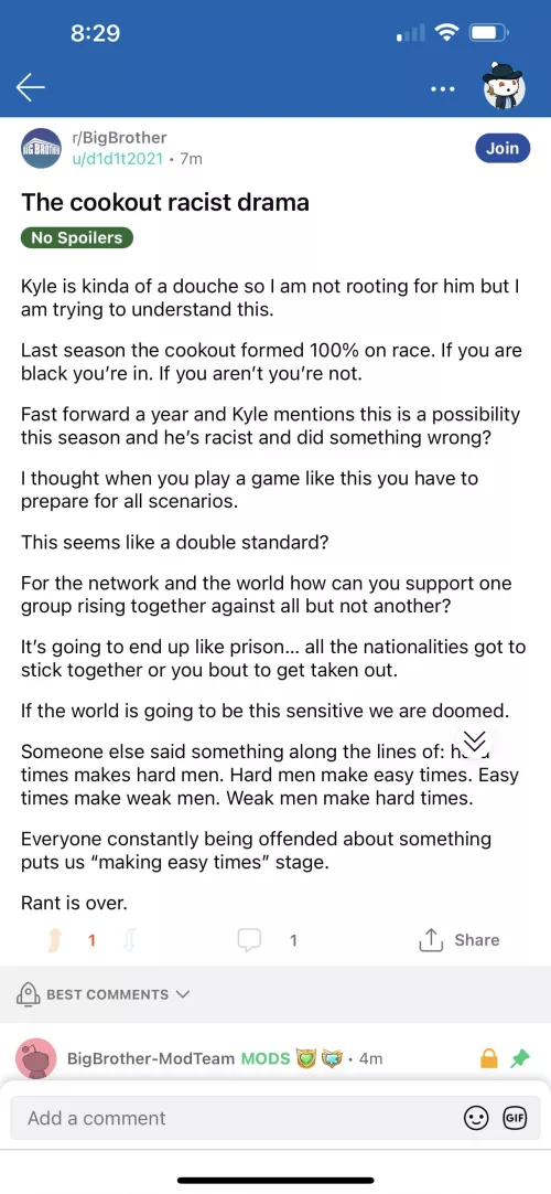 Getting banned in big brother sub for what?