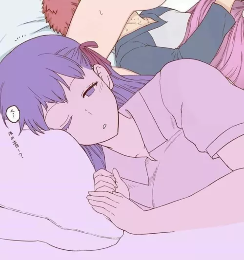 LF Color Source: 1boy, 2girls, arched back, emiya shirou, fate/stay night, flexible, head on pillow, implied blowjob, implied cunnilingus, implied fellatio, matou sakura, medusa (rider), one eye closed, out of frame, pillow, purple eyes, purple hair, red