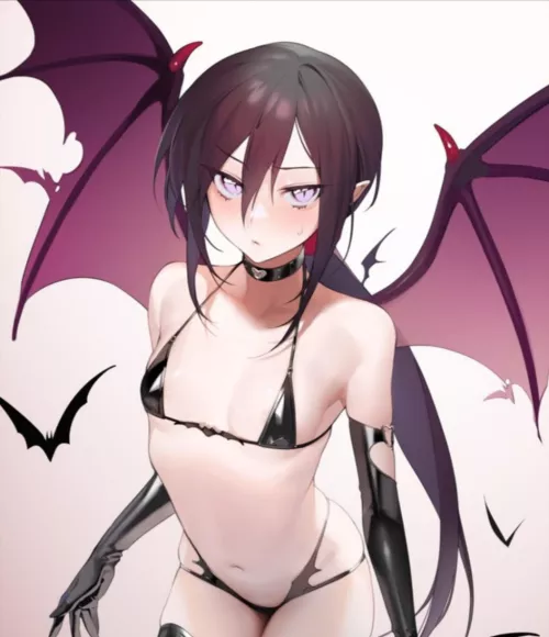 LF Color Source: 1girl, armpit crease, bat, black bikini, black gloves, black thighhighs, brown hair, choker, demon girl, demon wings, elbow gloves, hair between eyes, latex, long hair, looking at viewer, low ponytail, micro bikini, pointy ears, purple e
