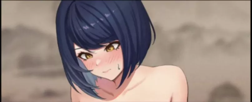 LF Color Source: 1girl, blue hair, blurry background, blush, collarbone, crop, eyebrows visible through hair, face, genshin impact, kujou sara, looking down, nude, short hair, sweat, sweatdrop, swept bangs, topless, yellow eyes
