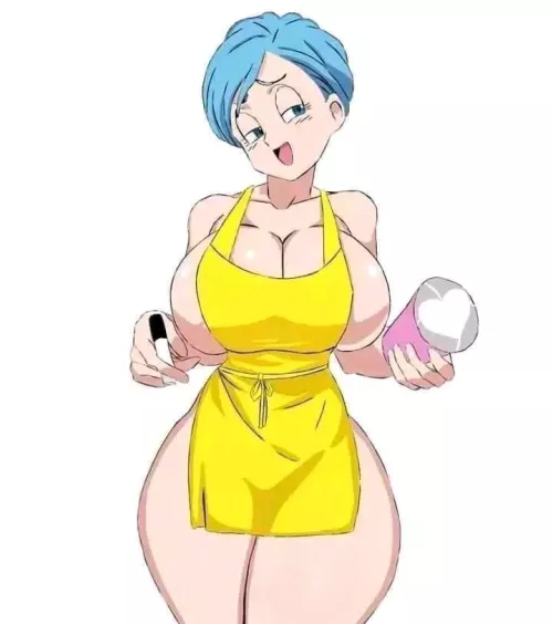 LF Color Source: Bulma, big tits, large thighs, light blue hair, blushing, fair skin, squinting eyes, big ass, short hair, yellow kitchen apron, pink cup, slim hips