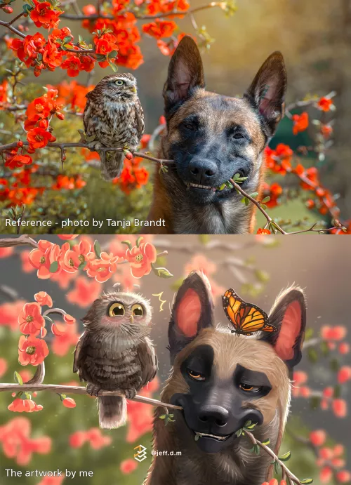 [OC] a digital artwork that I worked on featuring a friendship between an owl and a dog