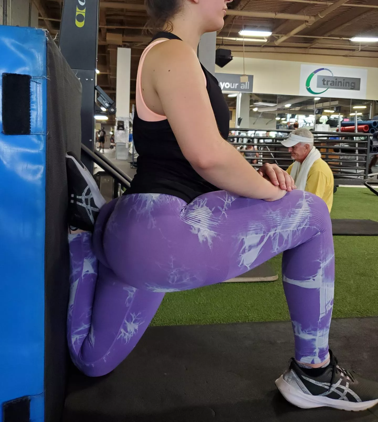 her dumptruck is in the way of her stretching